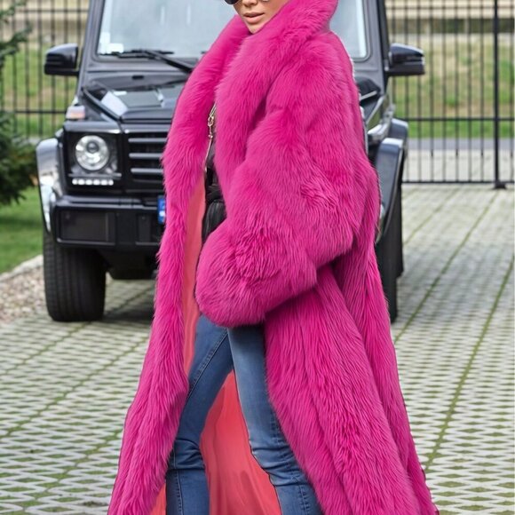 Fuchsia Women's Waterfall Neckline Long Faux Fur Coat - Picture 2 of 8